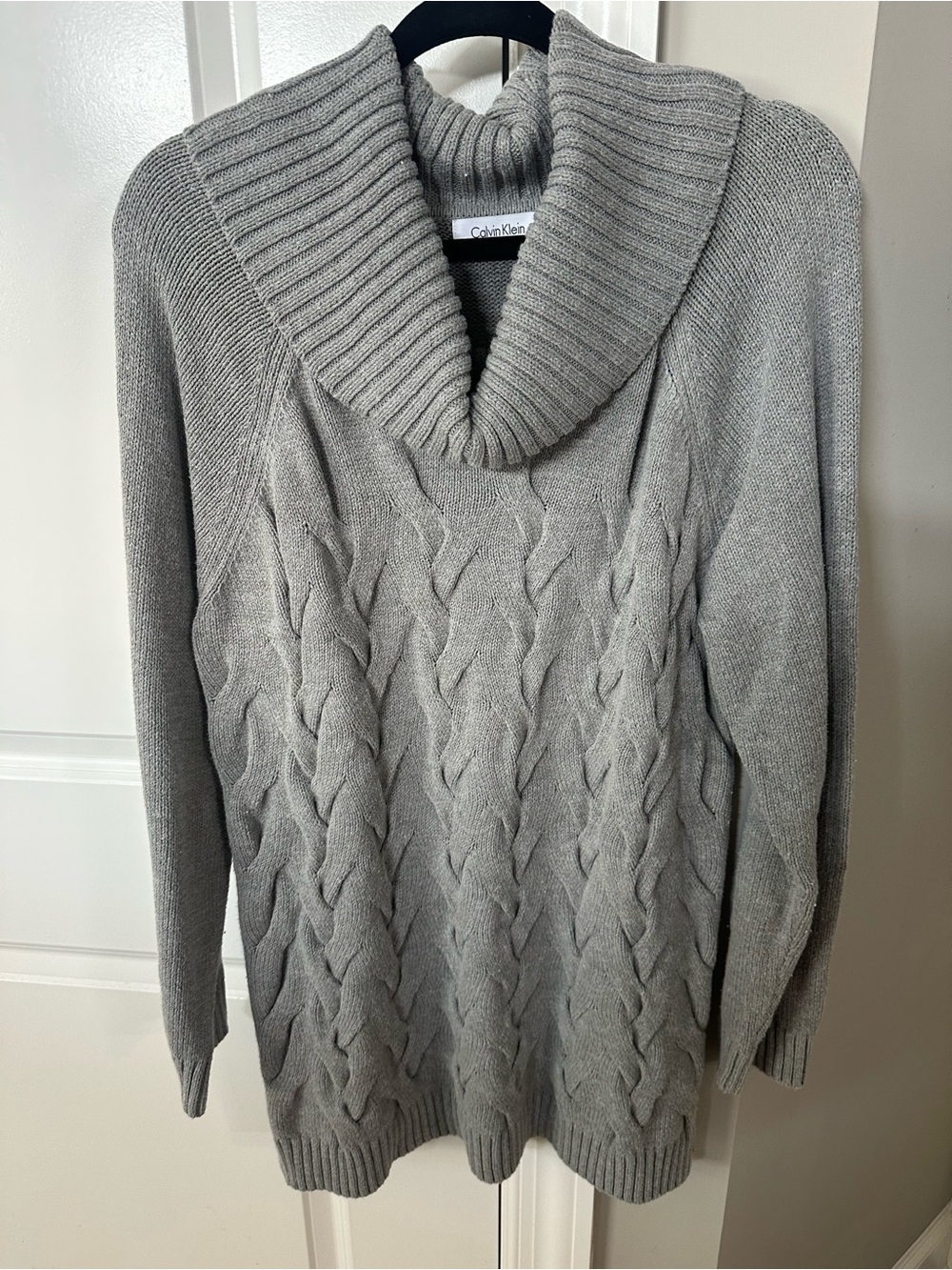 Calvin Klein Women's Gray Cable Knit Shawl Collar Sweater Tunic-XL